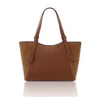 イタリア製LIBRA シボ型押し＆スエードレザートートバッグ、コニャック