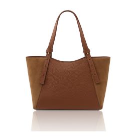 イタリア製LIBRA シボ型押し＆スエードレザートートバッグ、コニャック