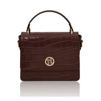 イタリア製CROQUE クロコ型押しレザー2WAYミニハンドバッグ、コーヒー