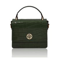 イタリア製CROQUE クロコ型押しレザー2WAYミニハンドバッグ、フォレストグリーン