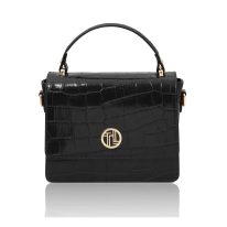 イタリア製CROQUE クロコ型押しレザー2WAYミニハンドバッグ、ブラック