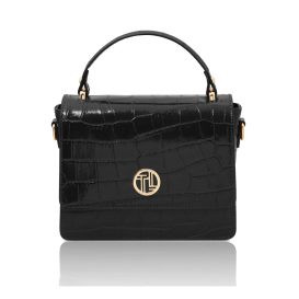 イタリア製CROQUE クロコ型押しレザー2WAYミニハンドバッグ、ブラック