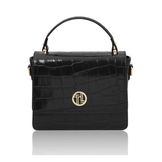 イタリア製CROQUE クロコ型押しレザー2WAYミニハンドバッグ、ブラック