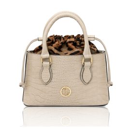 イタリア製CROQUE クロコ型押しレザー＆ヒョウ柄ミックス2WAYハンドバッグ、ベージュ