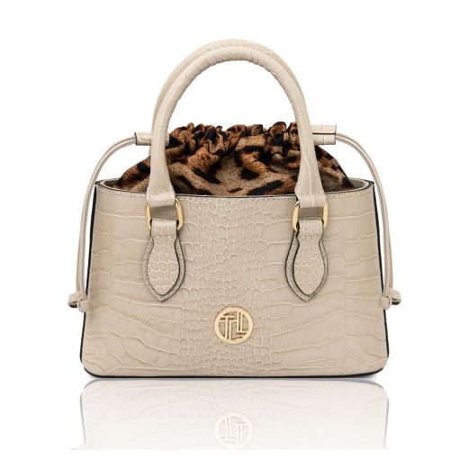 イタリア製CROQUE クロコ型押しレザー＆ヒョウ柄ミックス2WAYハンドバッグ、ベージュ