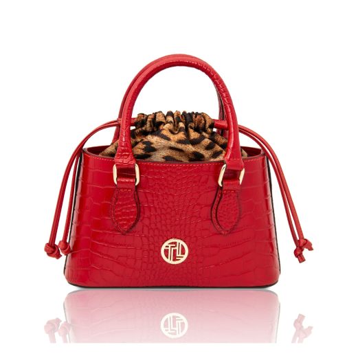 イタリア製CROQUE クロコ型押しレザー＆ヒョウ柄ミックス2WAYハンドバッグ、ルージュ