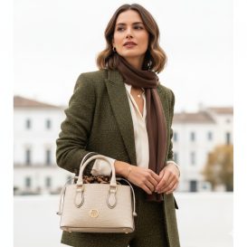 イタリア製CROQUE クロコ型押しレザー＆ヒョウ柄ミックス2WAYハンドバッグ、使用イメージ