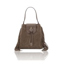 イタリア製NOMADE シボ型押し＆スエードフリンジ2WAYショルダーバッグ、ダークトープ