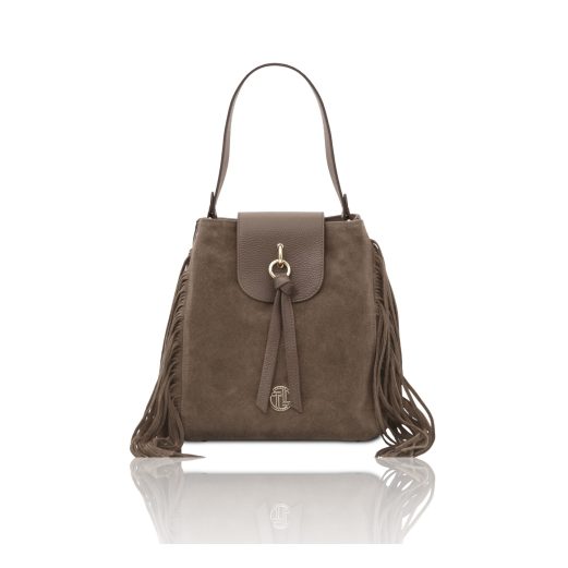 イタリア製NOMADE シボ型押し＆スエードフリンジ2WAYショルダーバッグ、ダークトープ