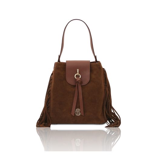 イタリア製NOMADE シボ型押し＆スエードフリンジ2WAYショルダーバッグ、ブラウン