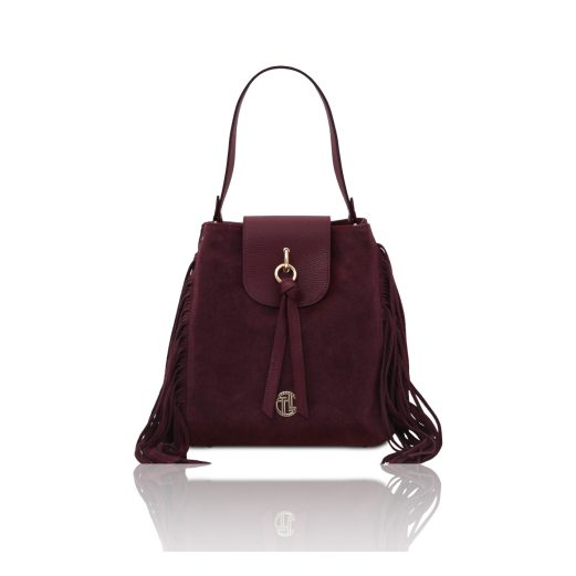 イタリア製NOMADE シボ型押し＆スエードフリンジ2WAYショルダーバッグ、ボルドー