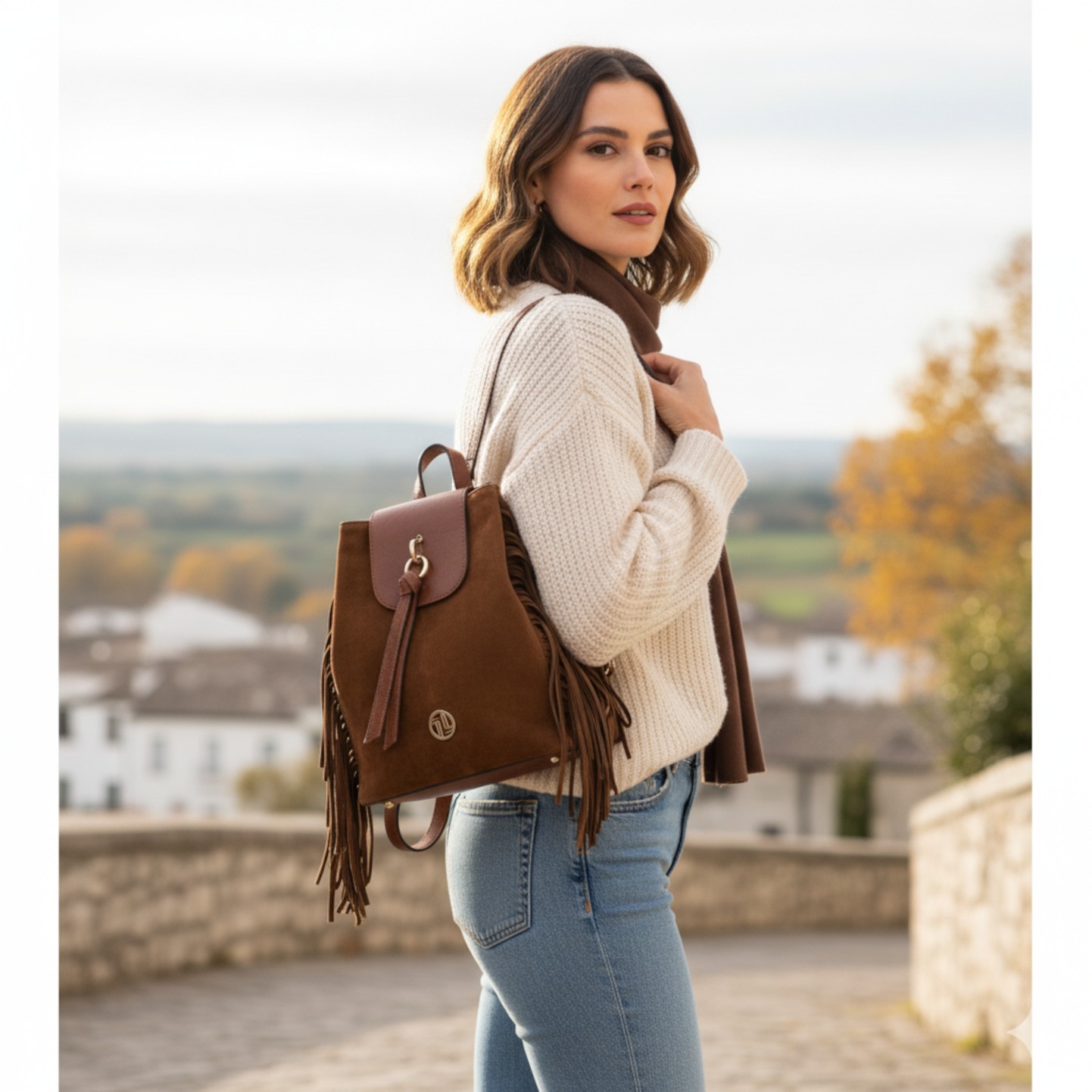 イタリア製NOMADE シボ型押し＆スエードフリンジ2WAYショルダーバッグ、使用イメージ