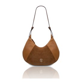 イタリア製GOCCIA シボ型押し&スエードレザーホーボーバッグ、コニャック