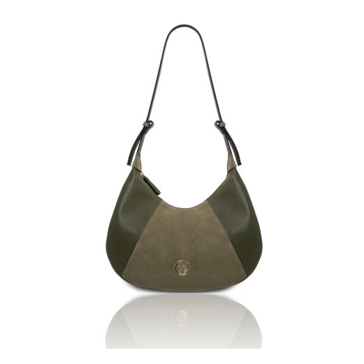 イタリア製GOCCIA シボ型押し＆スエードレザーホーボーバッグ、フォレストグリーン