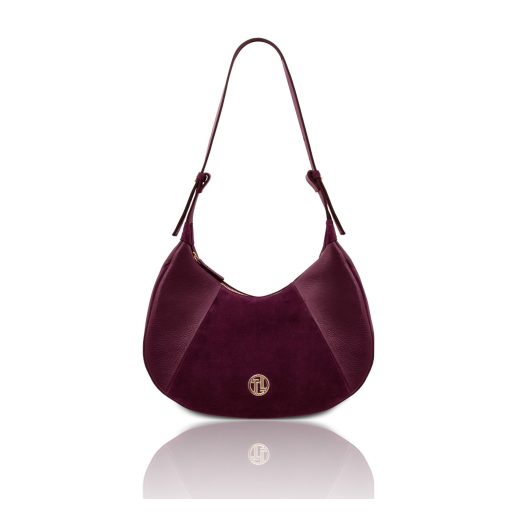 イタリア製GOCCIA シボ型押し＆スエードレザーホーボーバッグ、ボルドー