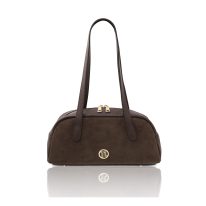 イタリア製スエードレザーショルダーバッグ ECLAIRE、ダークブラウン