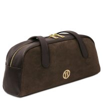 イタリア製スエードレザーショルダーバッグ ECLAIRE、ダークブラウン