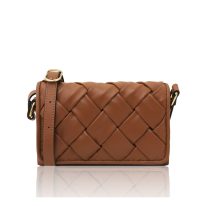 イタリア製TARTE フルグレインレザーイントレチャートショルダーバッグ、コニャック