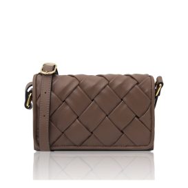 イタリア製TARTE フルグレインレザーイントレチャートショルダーバッグ、ダークトープ