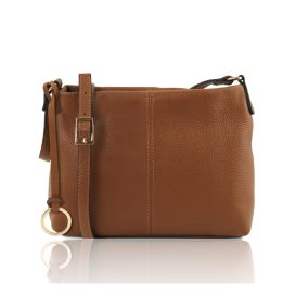 イタリア製シボ型押しレザーのショルダーバッグ TL BAG、コニャック