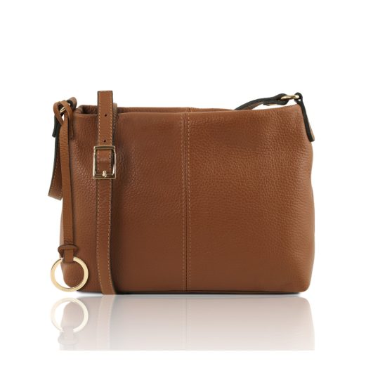 イタリア製シボ型押しレザーのショルダーバッグ TL BAG、コニャック