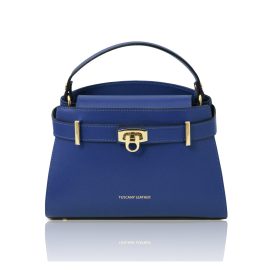 イタリア製MAISY スムースボックスレザー2WAYハンドバッグ、ブルー