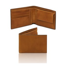 イタリア製ツヤ無しベジタブルタンニンレザー小銭入れつきニつ折り財布、ナチュラル