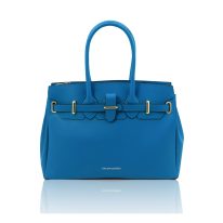イタリア製スムースボックスレザーのエレガントな2WAYハンドバッグTL BAG、ブルー