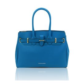 イタリア製スムースボックスレザーのエレガントな2WAYハンドバッグTL BAG、ブルー