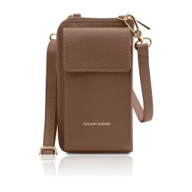 イタリア製シボ型押しレザーのスマホが入るお財布ショルダーバッグTL BAG、ダークトープ