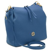 AMY シボ型押しレザー2WAYショルダーバッグ、デニム