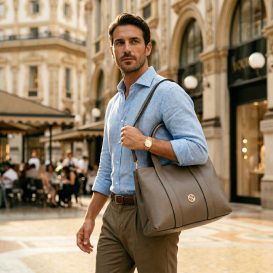 イタリア製CALLIE シボ型押しやわらかいレザーA4入る2WAYトートバッグ、ダークトープ、使用イメージ イタリア製CALLIE シボ型押しやわらかいレザーA4入る2WAYトートバッグ、ダークトープ、使用イメージ