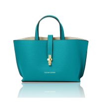 イタリア製 AGATHA シボ型押しレザー2WAYハンドバッグ、ターコイズ