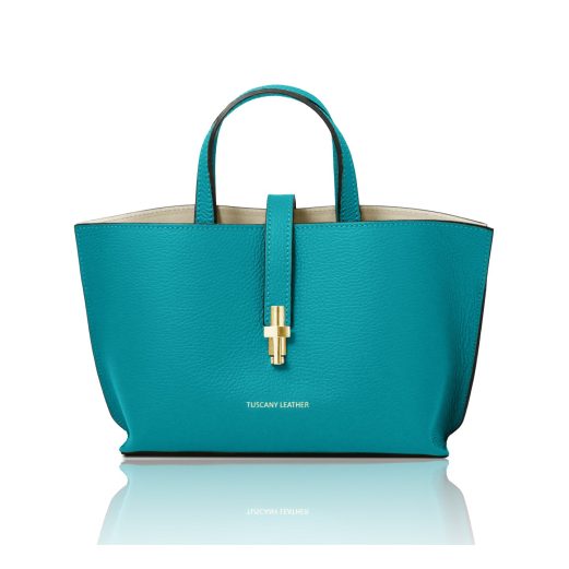 イタリア製 AGATHA シボ型押しレザー2WAYハンドバッグ、ターコイズ