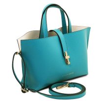 イタリア製 AGATHA シボ型押しレザー2WAYハンドバッグ、ターコイズ