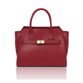 イタリア製ORIGAMI シボ型押しレザー2WAYハンドバッグ、レッド