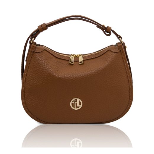 イタリア製大粒シボ型押し３WAYレザーバッグ HOBLÒ、コニャック