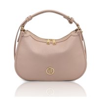 イタリア製大粒シボ型押し３WAYレザーバッグ HOBLÒ、ピンクベージュ