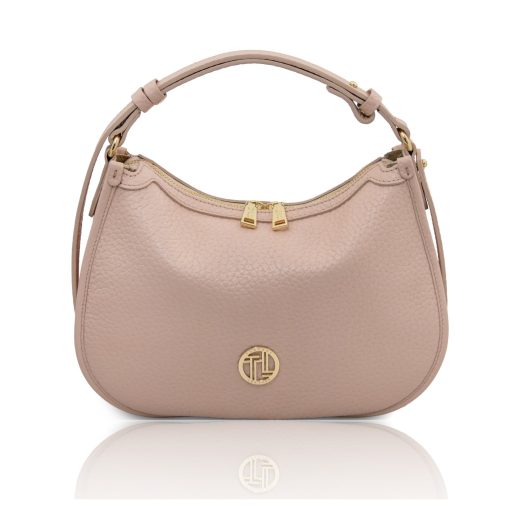 イタリア製大粒シボ型押し３WAYレザーバッグ HOBLÒ、ピンクベージュ