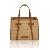 イタリア製 FRAME ラフィア＆レザー2WAYトートバッグ、コニャック