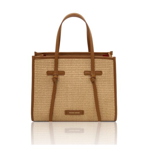 イタリア製 FRAME ラフィア＆レザー2WAYトートバッグ、コニャック