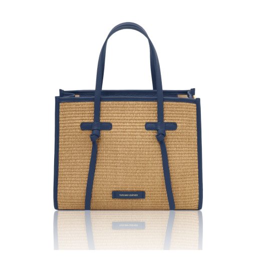 イタリア製 FRAME ラフィア＆イタリア製レザー2WAYトートバッグ、ブルー