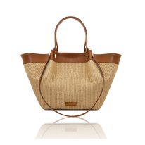 イタリア製SOLEIL ラフィア＆レザー2WAYトートバッグ、コニャック