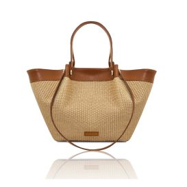 イタリア製SOLEIL ラフィア&レザー2WAYトートバッグ、コニャック