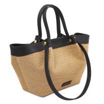 イタリア製SOLEIL ラフィア＆レザー2WAYトートバッグ、ブラック