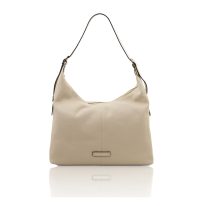 イタリア製PLENIA 大粒シボ型押しレザーショルダーバッグ、ベージュ