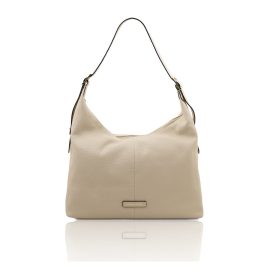 イタリア製PLENIA 大粒シボ型押しレザーショルダーバッグ、ベージュ