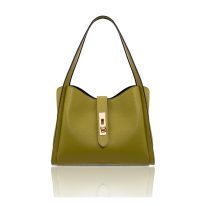 イタリア製SOAVE シボ型押しレザー2WAYハンドバッグ、グリーン