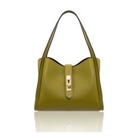 イタリア製SOAVE シボ型押しレザー2WAYハンドバッグ、グリーン