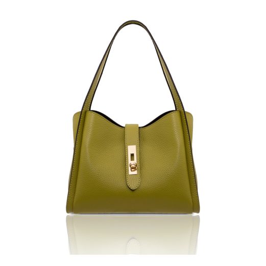 イタリア製SOAVE シボ型押しレザー2WAYハンドバッグ、グリーン